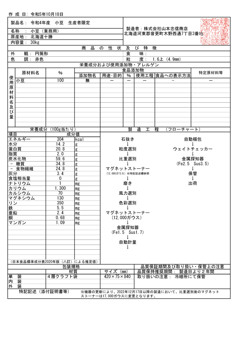 令和４年産製品規格書（小豆）